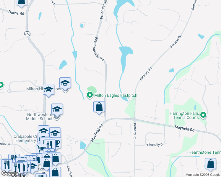 map of restaurants, bars, coffee shops, grocery stores, and more near 13039 Freemanville Road in Alpharetta