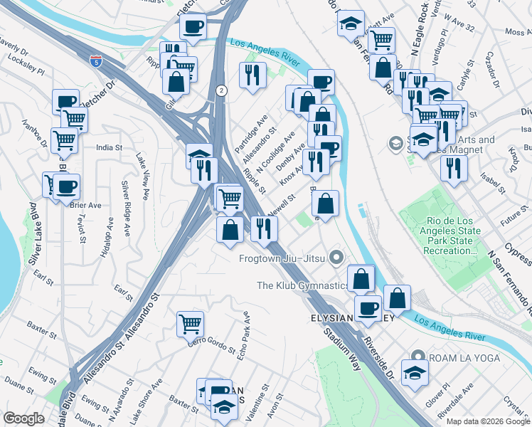 map of restaurants, bars, coffee shops, grocery stores, and more near 2664 Newell Street in Los Angeles