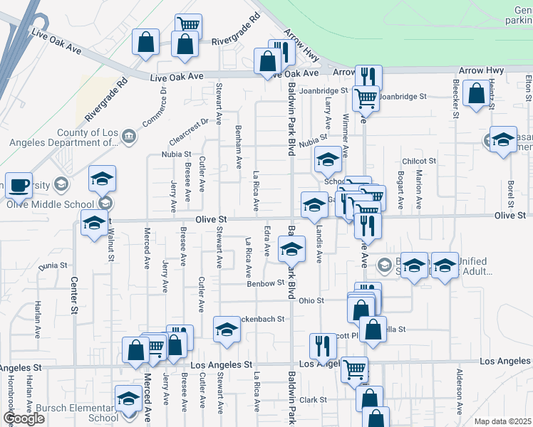 map of restaurants, bars, coffee shops, grocery stores, and more near 14083 Olive Street in Baldwin Park