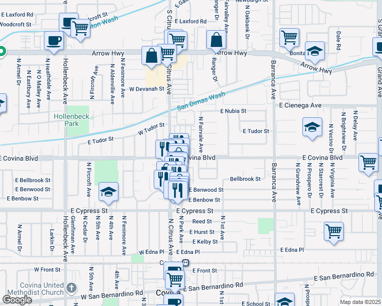 map of restaurants, bars, coffee shops, grocery stores, and more near Cardinal Way in Covina