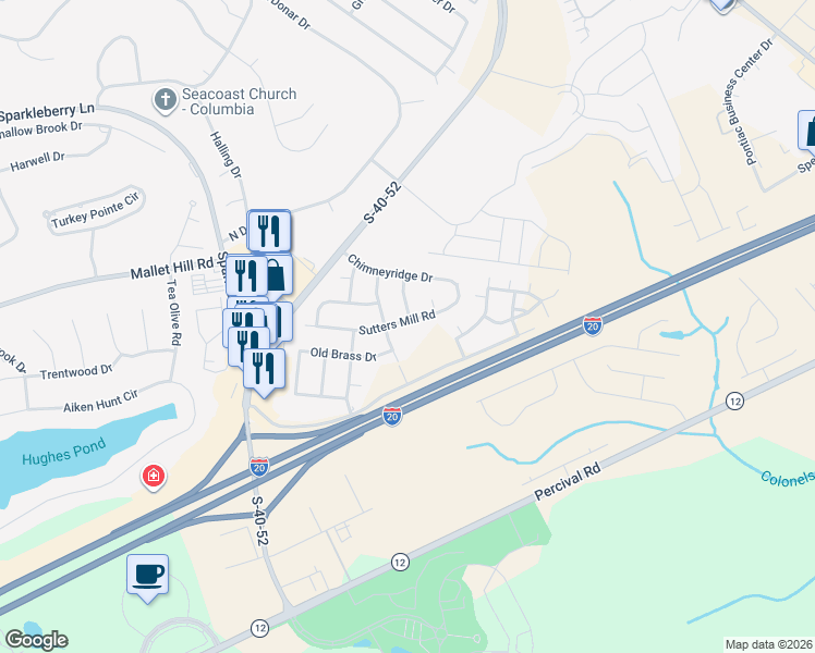 map of restaurants, bars, coffee shops, grocery stores, and more near 704 Sutters Mill Road in Columbia
