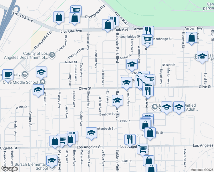 map of restaurants, bars, coffee shops, grocery stores, and more near 14083 Olive Street in Baldwin Park