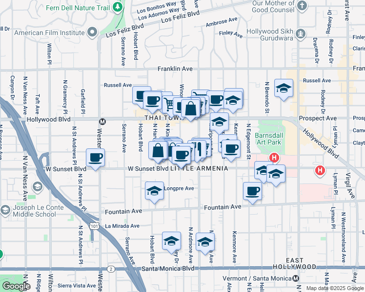 map of restaurants, bars, coffee shops, grocery stores, and more near 1554 Winona Boulevard in Los Angeles