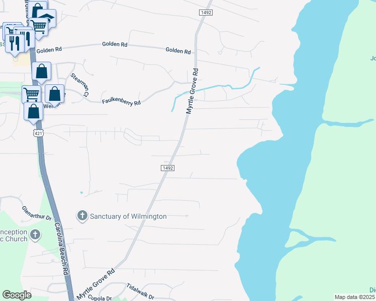 map of restaurants, bars, coffee shops, grocery stores, and more near 1609 Sunrise Lane in Wilmington