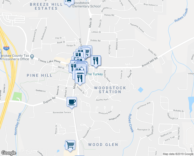 map of restaurants, bars, coffee shops, grocery stores, and more near 711 Hammond Drive in Woodstock