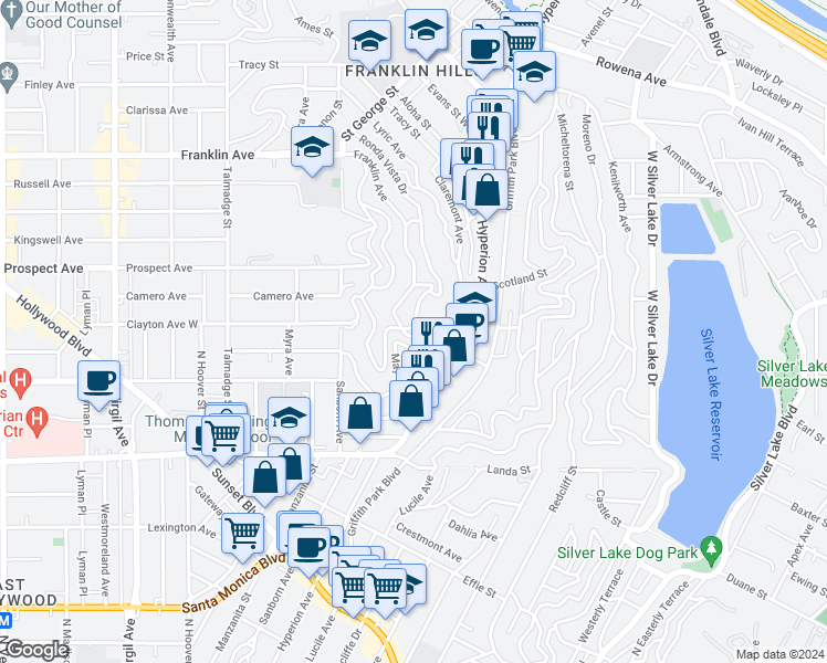 map of restaurants, bars, coffee shops, grocery stores, and more near 3760 Clayton Avenue in Los Angeles
