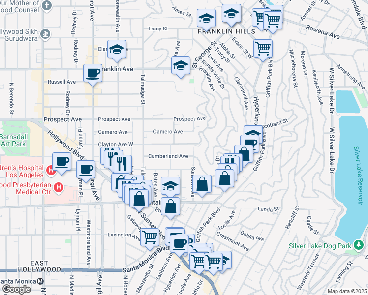 map of restaurants, bars, coffee shops, grocery stores, and more near 4020 Clayton Avenue West in Los Angeles