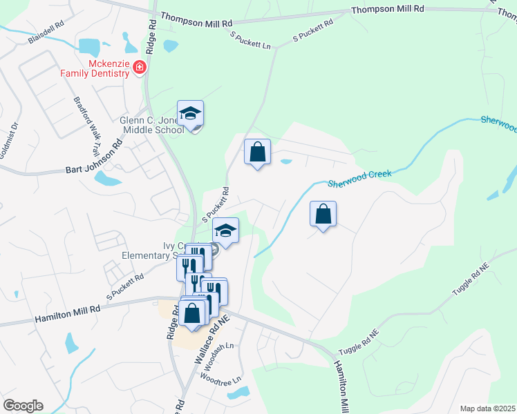 map of restaurants, bars, coffee shops, grocery stores, and more near 3542 Hard Creek Lane Northeast in Buford