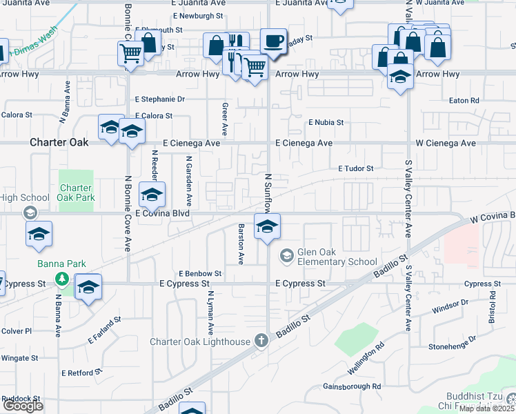 map of restaurants, bars, coffee shops, grocery stores, and more near 20963 East Covina Boulevard in Covina