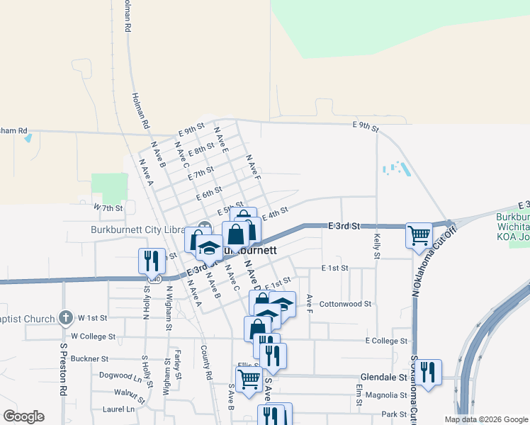 map of restaurants, bars, coffee shops, grocery stores, and more near 509 East 4th Street in Burkburnett