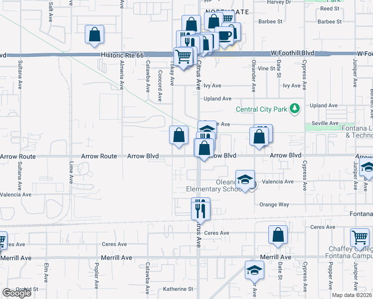 map of restaurants, bars, coffee shops, grocery stores, and more near 16072 Arrow Boulevard in Fontana