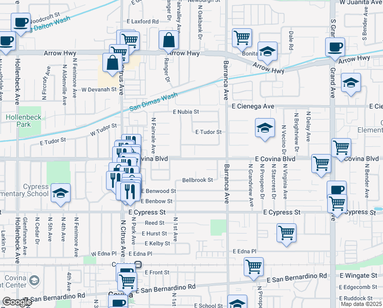 map of restaurants, bars, coffee shops, grocery stores, and more near 1111 North Calera Avenue in Covina