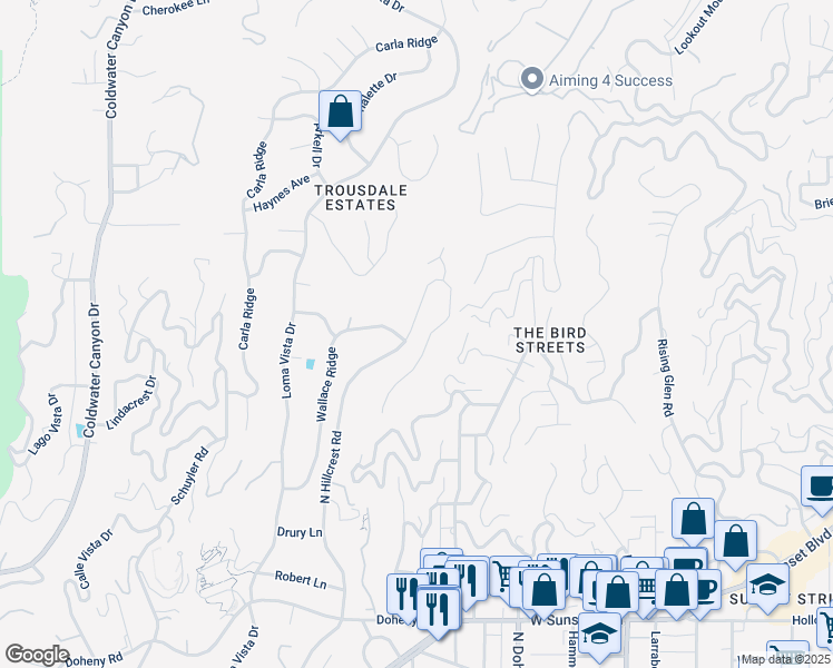 map of restaurants, bars, coffee shops, grocery stores, and more near 1106 North Hillcrest Road in Beverly Hills