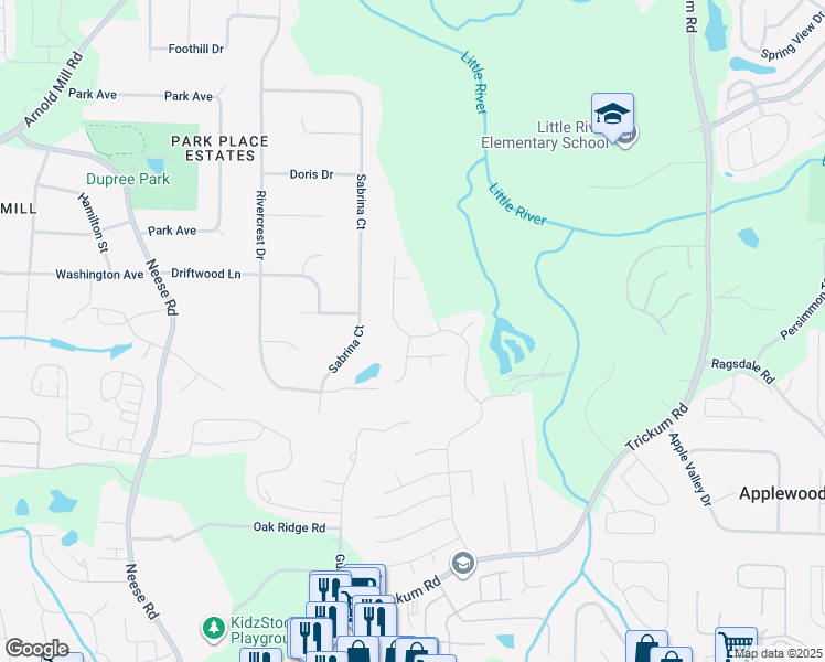 map of restaurants, bars, coffee shops, grocery stores, and more near 1114 Dunedin Trail in Woodstock