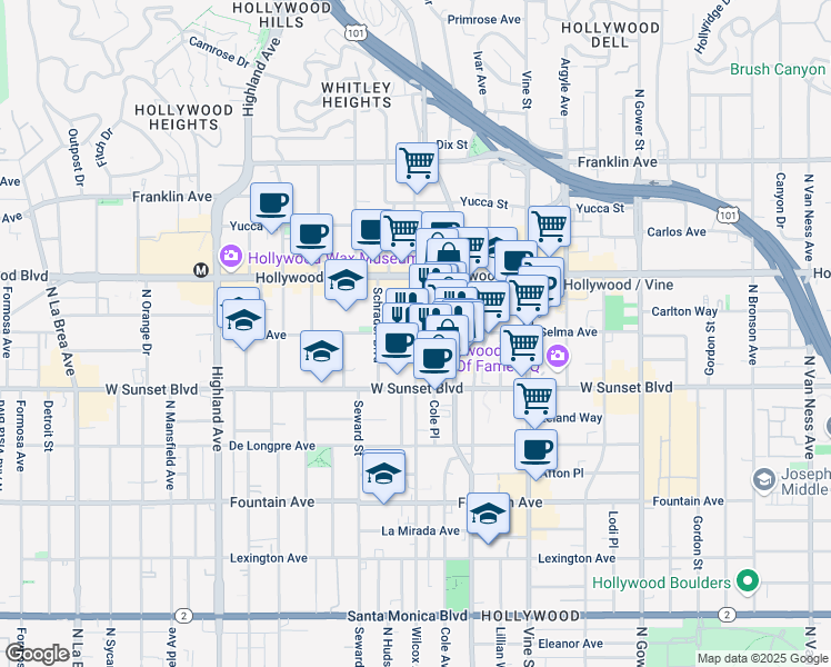 map of restaurants, bars, coffee shops, grocery stores, and more near Wilcox Ave & Selma Ave in Los Angeles