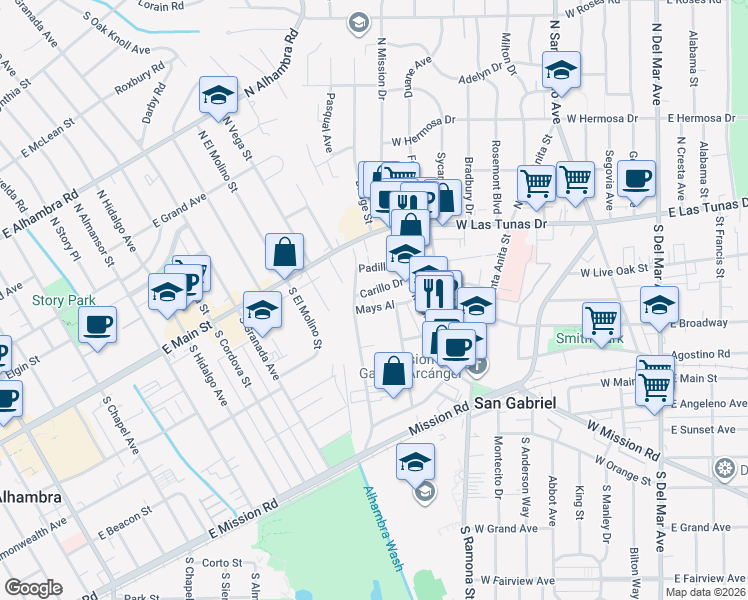 map of restaurants, bars, coffee shops, grocery stores, and more near 862 Carillo Drive in San Gabriel