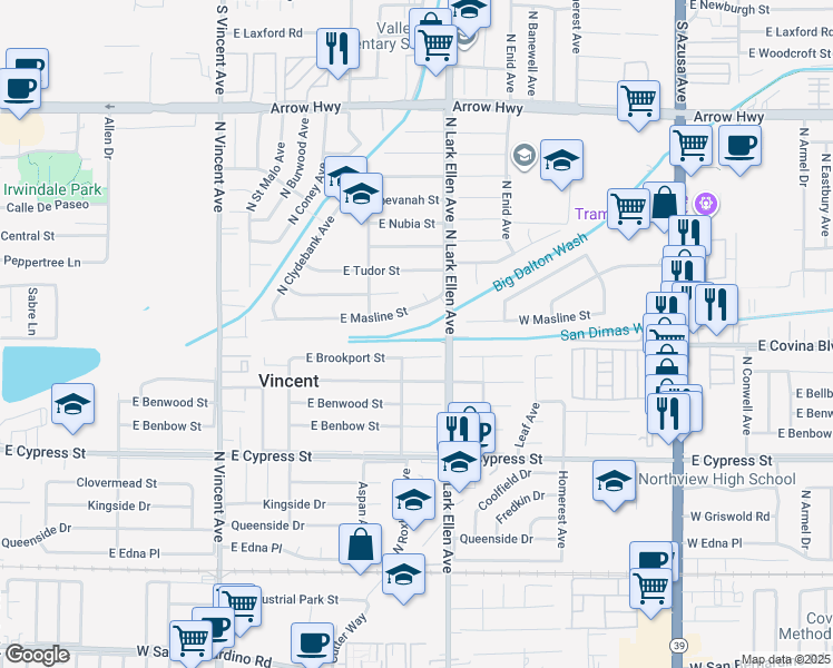 map of restaurants, bars, coffee shops, grocery stores, and more near 4817 North Lark Ellen Avenue in Covina