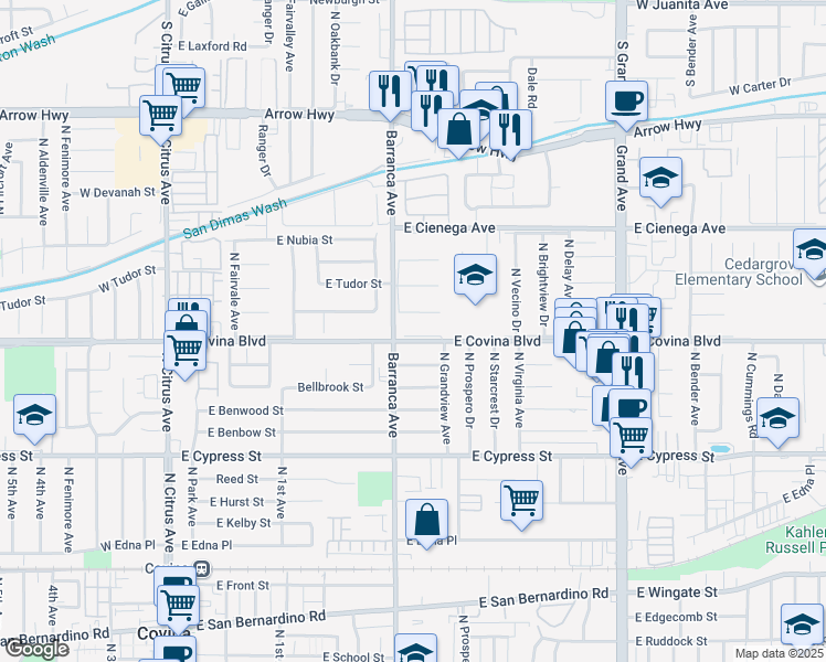 map of restaurants, bars, coffee shops, grocery stores, and more near 523 East Covina Boulevard in Covina