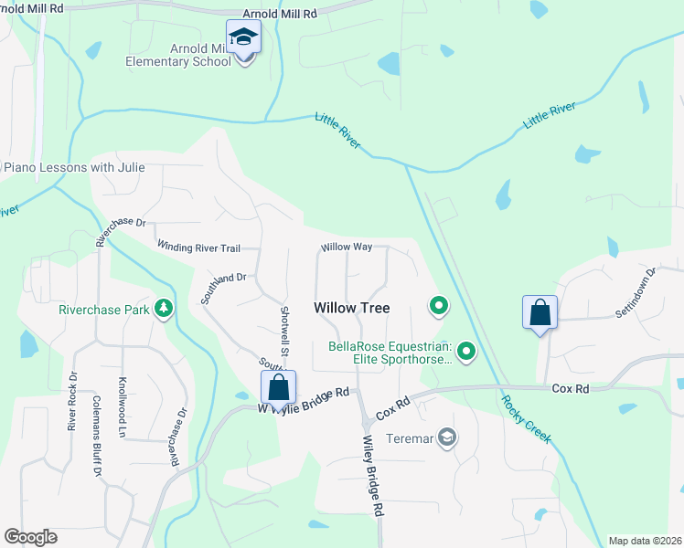 map of restaurants, bars, coffee shops, grocery stores, and more near 1331 Willow Tree Drive in Woodstock