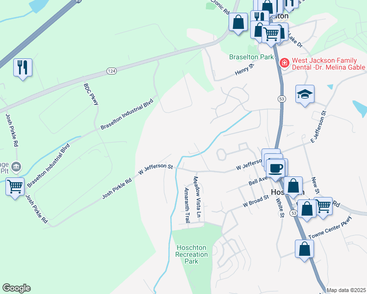 map of restaurants, bars, coffee shops, grocery stores, and more near 165 Jefferson Avenue in Hoschton