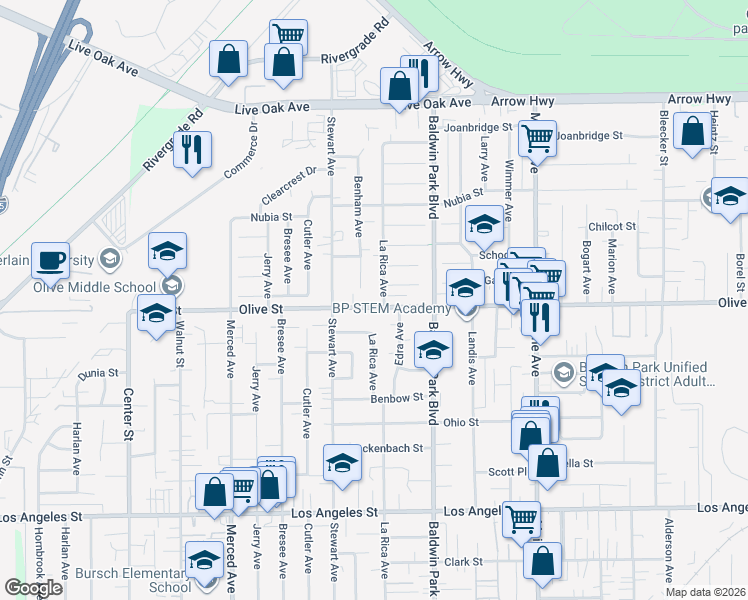 map of restaurants, bars, coffee shops, grocery stores, and more near 14053 Olive Street in Baldwin Park