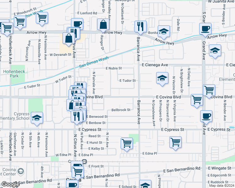 map of restaurants, bars, coffee shops, grocery stores, and more near 1111 North Calera Avenue in Covina