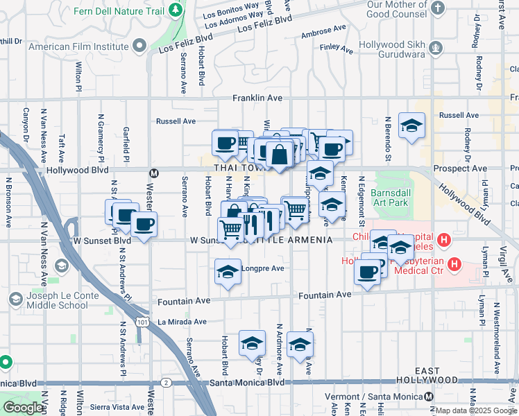 map of restaurants, bars, coffee shops, grocery stores, and more near 1559 Winona Boulevard in Los Angeles