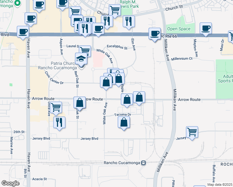 map of restaurants, bars, coffee shops, grocery stores, and more near 11010 Arrow Route in Rancho Cucamonga