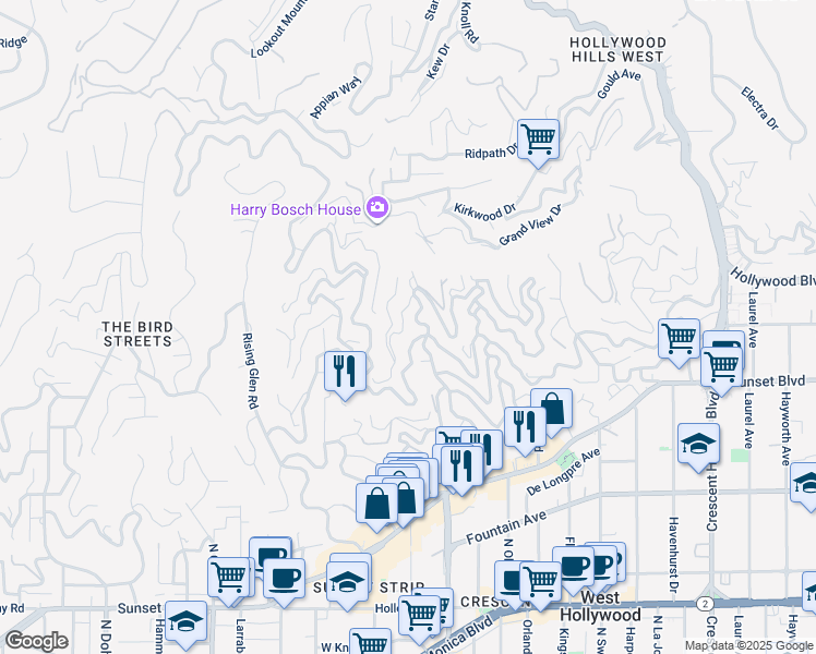 map of restaurants, bars, coffee shops, grocery stores, and more near 8638 Franklin Avenue in Los Angeles