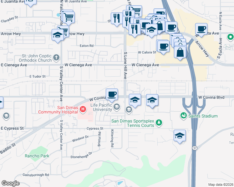 map of restaurants, bars, coffee shops, grocery stores, and more near 1111 West Covina Boulevard in San Dimas
