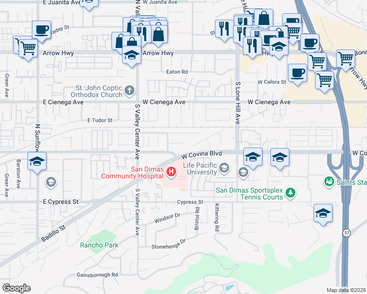 map of restaurants, bars, coffee shops, grocery stores, and more near 1315 West Covina Boulevard in San Dimas
