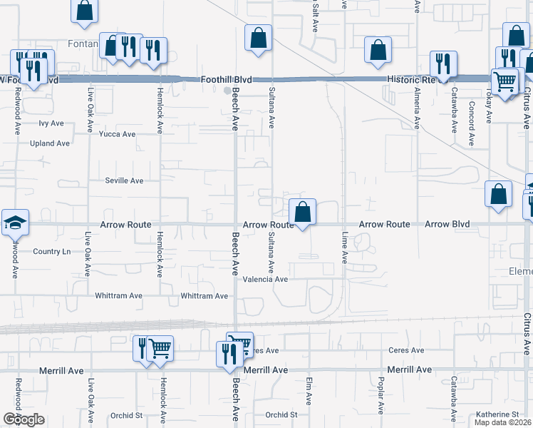 map of restaurants, bars, coffee shops, grocery stores, and more near in Fontana