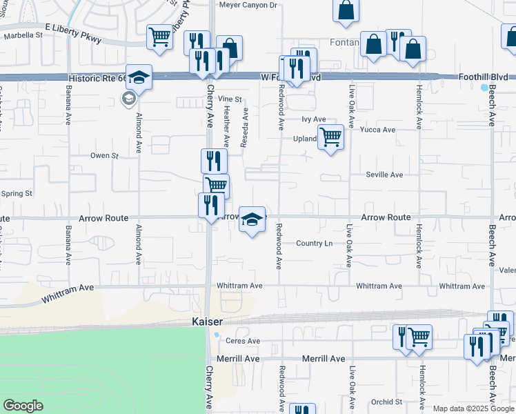 map of restaurants, bars, coffee shops, grocery stores, and more near 8497 Reseda Avenue in Fontana