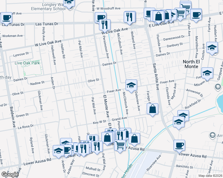map of restaurants, bars, coffee shops, grocery stores, and more near 5220 Persimmon Avenue in Temple City