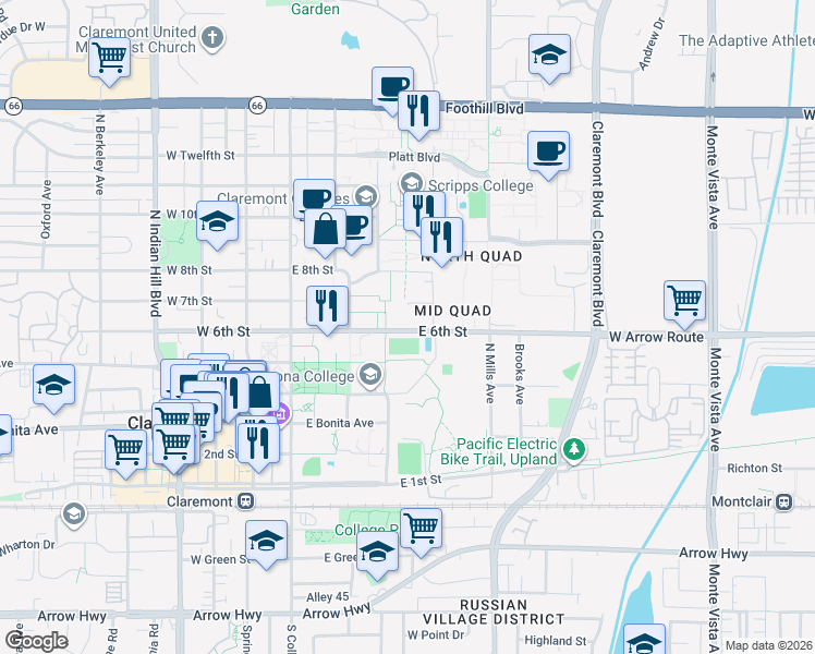 map of restaurants, bars, coffee shops, grocery stores, and more near 355 East 6th Street in Claremont