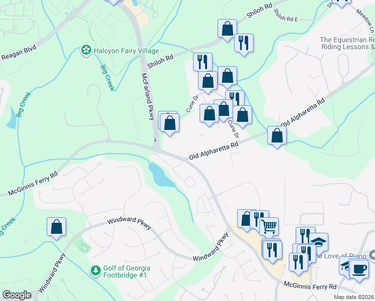 map of restaurants, bars, coffee shops, grocery stores, and more near 1298 Old Alpharetta Road in Alpharetta