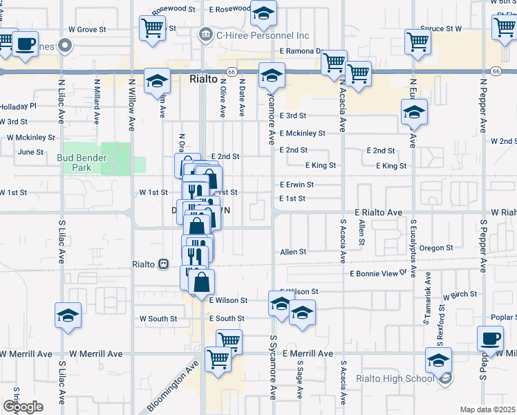 map of restaurants, bars, coffee shops, grocery stores, and more near 245 East 1st Street in Rialto