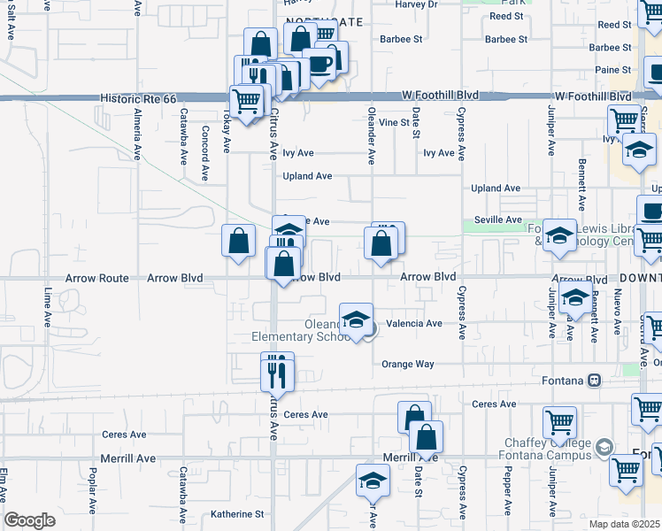 map of restaurants, bars, coffee shops, grocery stores, and more near in Fontana
