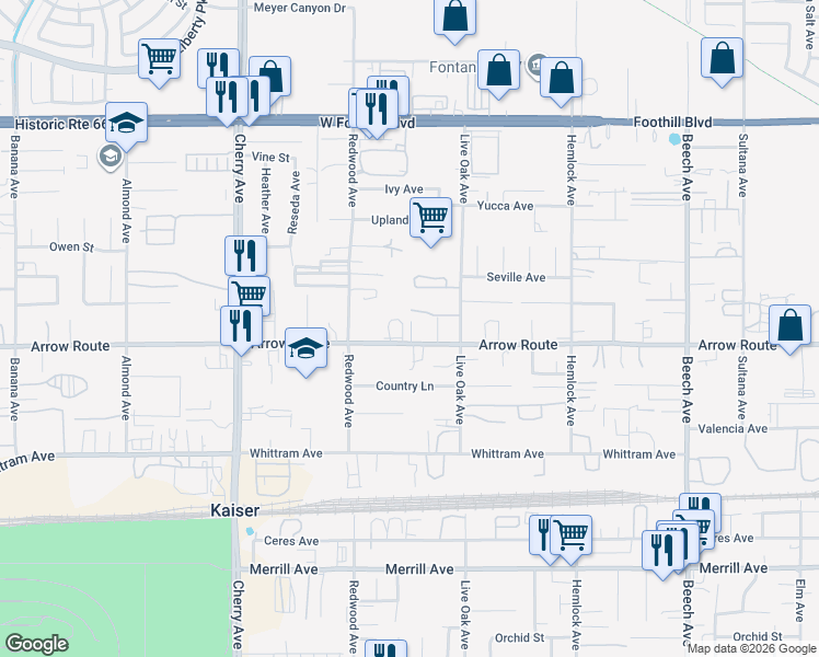 map of restaurants, bars, coffee shops, grocery stores, and more near 14850 Arrow Route in Fontana