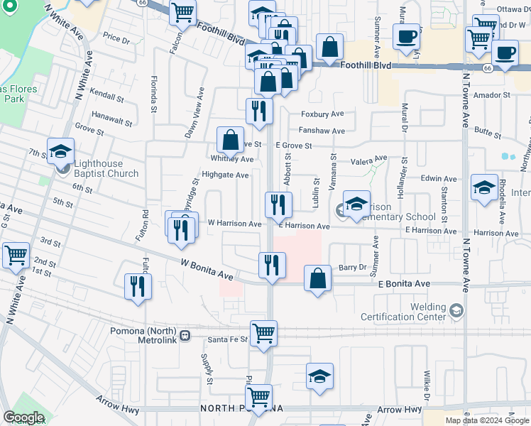 map of restaurants, bars, coffee shops, grocery stores, and more near 2914 North Garey Avenue in Pomona