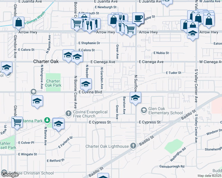 map of restaurants, bars, coffee shops, grocery stores, and more near 1100 North Charter Drive in Covina