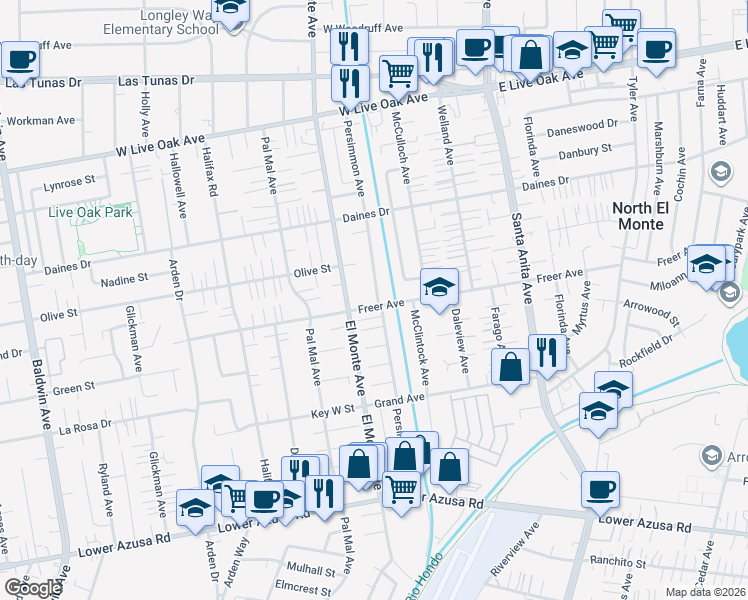 map of restaurants, bars, coffee shops, grocery stores, and more near 5220 Persimmon Avenue in Temple City