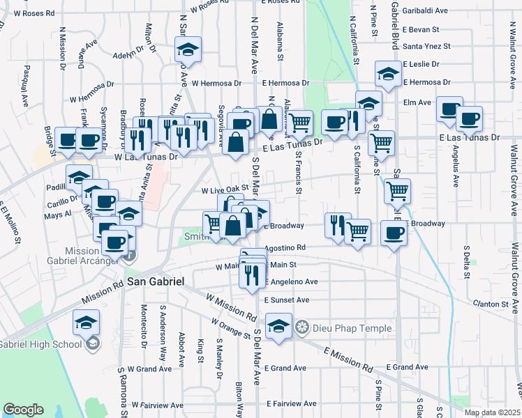map of restaurants, bars, coffee shops, grocery stores, and more near 240 South Del Mar Avenue in San Gabriel