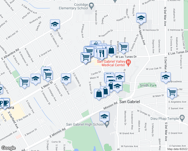 map of restaurants, bars, coffee shops, grocery stores, and more near 241 San Marcos Street in San Gabriel
