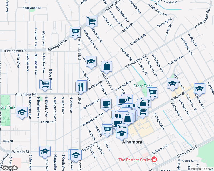 map of restaurants, bars, coffee shops, grocery stores, and more near 422 North 1st Street in Alhambra