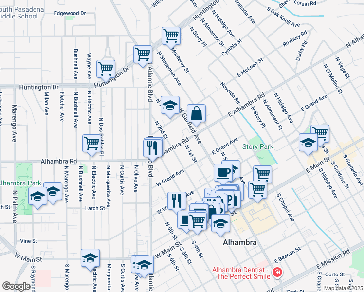 map of restaurants, bars, coffee shops, grocery stores, and more near 508 North 2nd Street in Alhambra