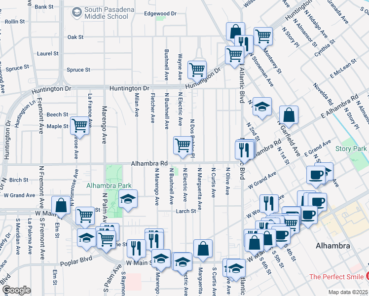 map of restaurants, bars, coffee shops, grocery stores, and more near 624 North Electric Avenue in Alhambra