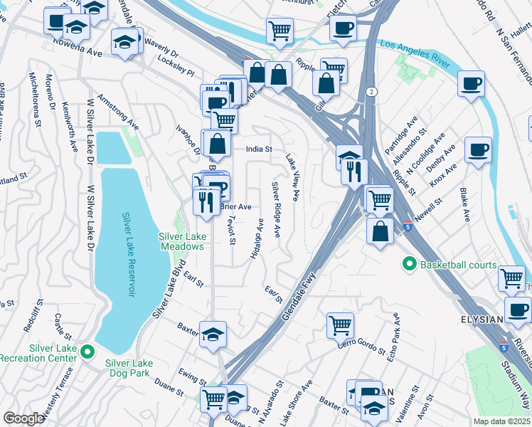 map of restaurants, bars, coffee shops, grocery stores, and more near 2373 Silver Ridge Avenue in Los Angeles