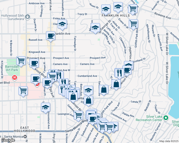 map of restaurants, bars, coffee shops, grocery stores, and more near 4107 Cumberland Avenue in Los Angeles