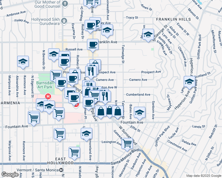 map of restaurants, bars, coffee shops, grocery stores, and more near 1547 North Commonwealth Avenue in Los Angeles
